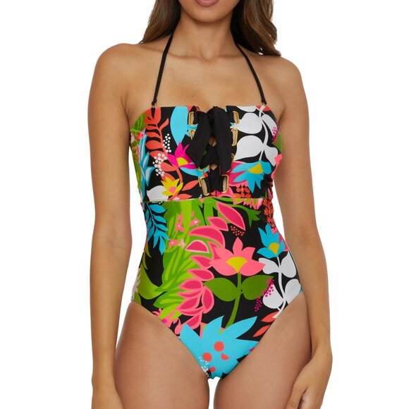 NWT Trina Turk Tiki Lace Up Strapless Bandeau One Piece Suimsuit Sz 6 - Picture 1 of 3